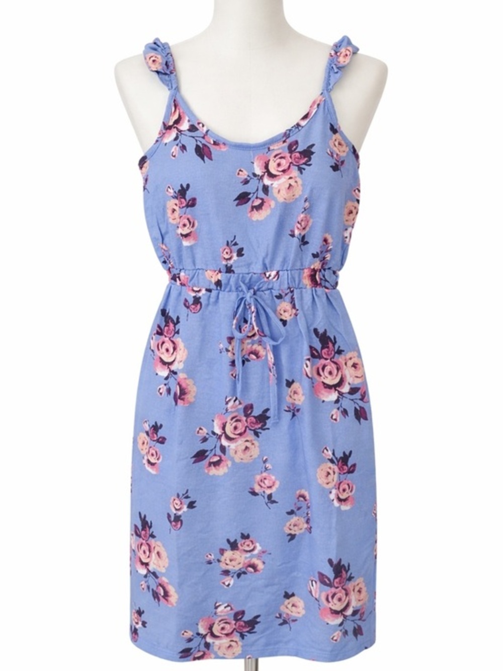 Love At First Sight Lt Blue & Pink Rose Tank Dress. Ruffled straps. Medium NWT